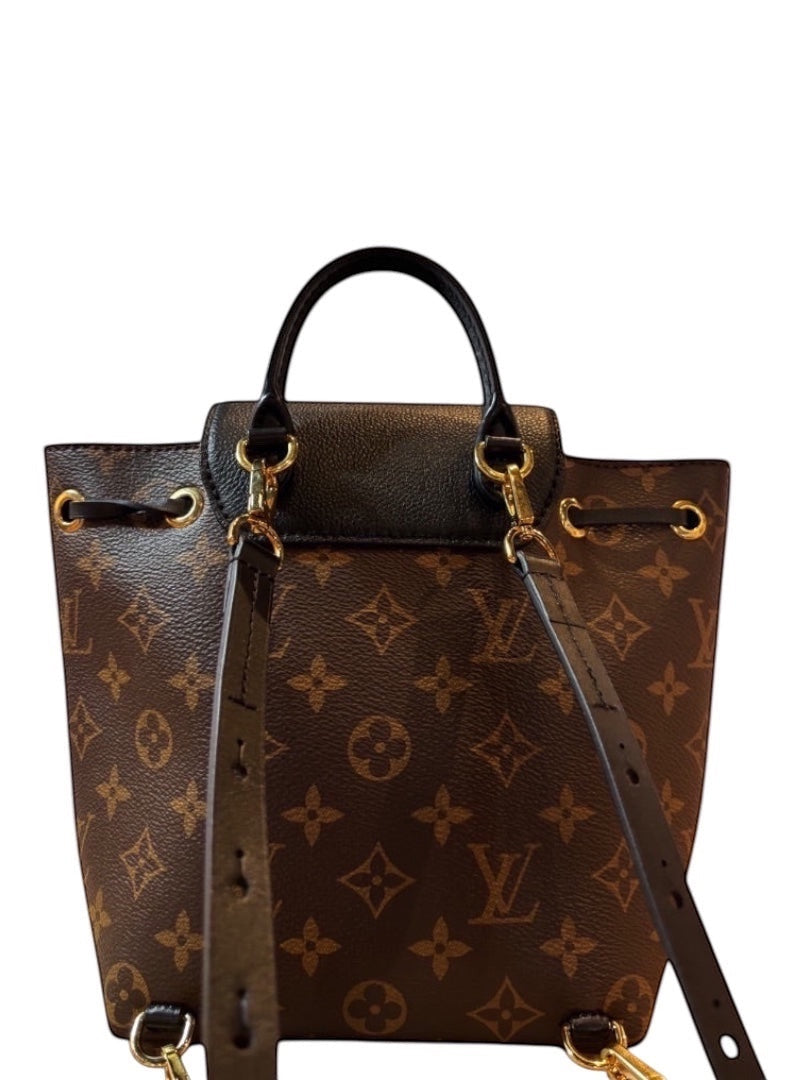 Posh Purse Co Louis Vuitton Montsouris BB backpack in Monogram coated canvas with black leather trim and gold hardware.