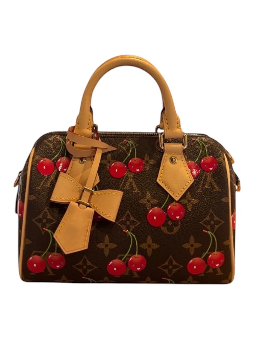 Posh Purse Co. Louis Vuitton x Takashi Murakami Cerises Speedy Bandouliere 20 bag in brown Monogram canvas with cherry print and vachetta leather trim.
