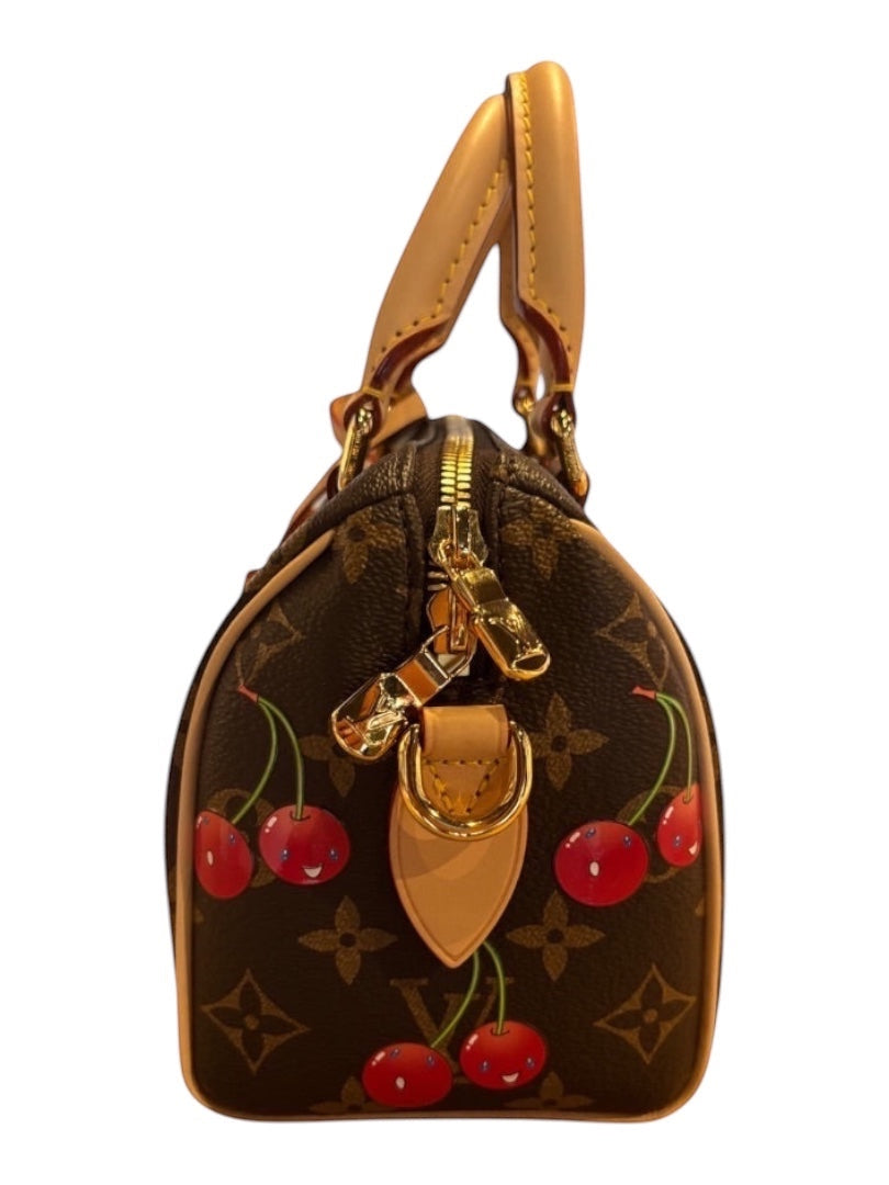 Posh Purse Co. Louis Vuitton x Takashi Murakami Speedy Bandouliere 20 bag in brown Monogram canvas with cherry print and vachetta leather trim.