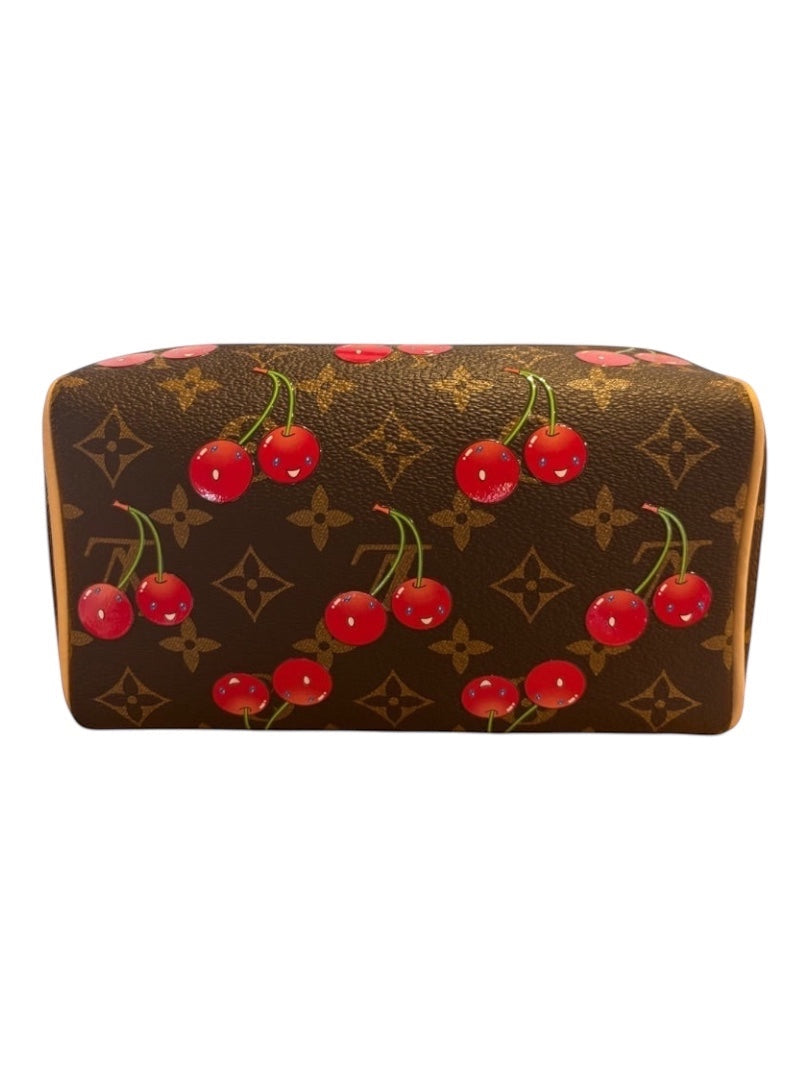 Posh Purse Co. Louis Vuitton x Takashi Murakami Cerises Speedy Bandouliere 20 bag in brown Monogram canvas with cherry print and vachetta leather trim.