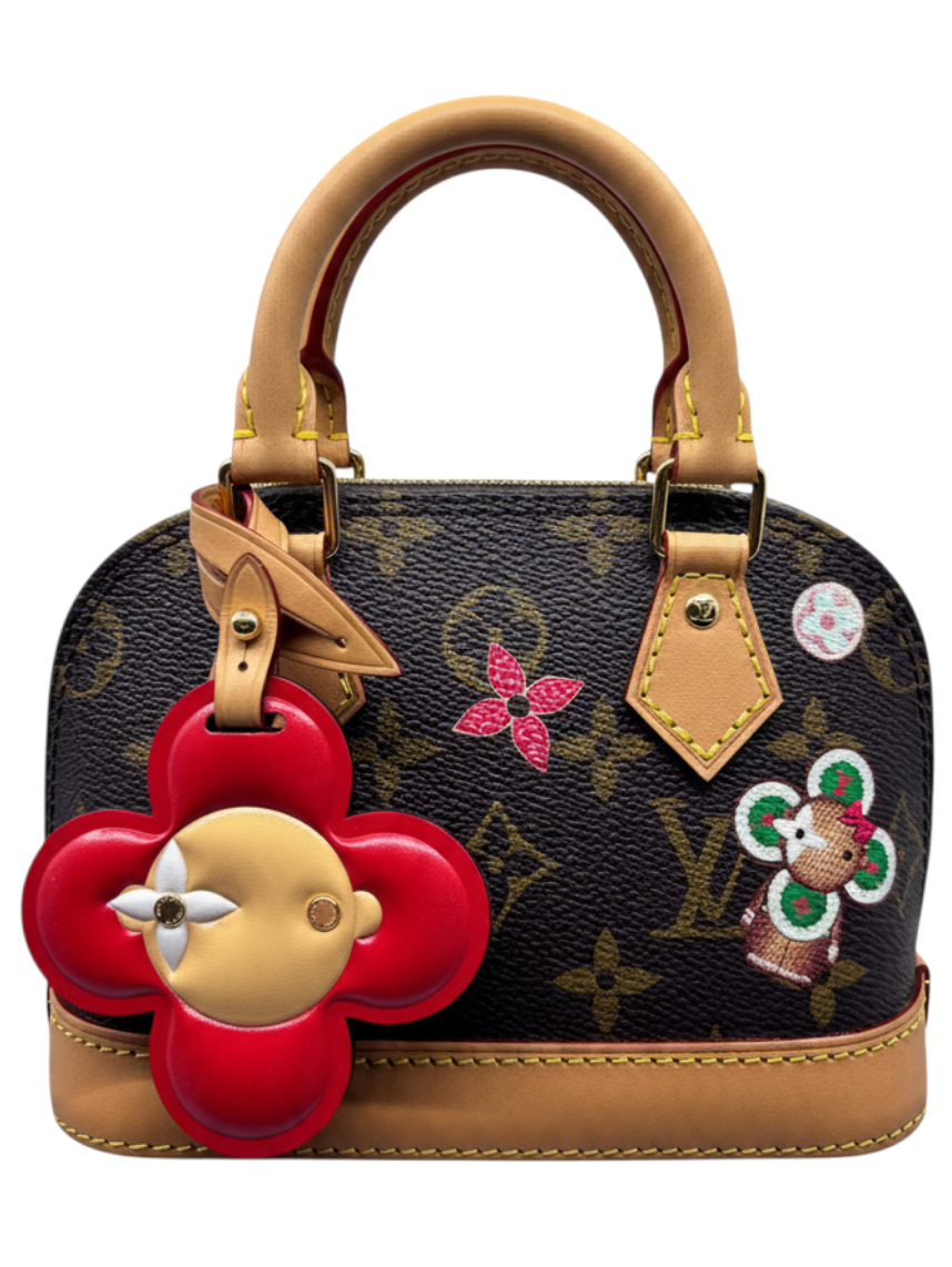 Posh Purse Co Louis Vuitton Nano Alma 2024 Christmas Edition handbag in Monogram canvas with festive holiday charms