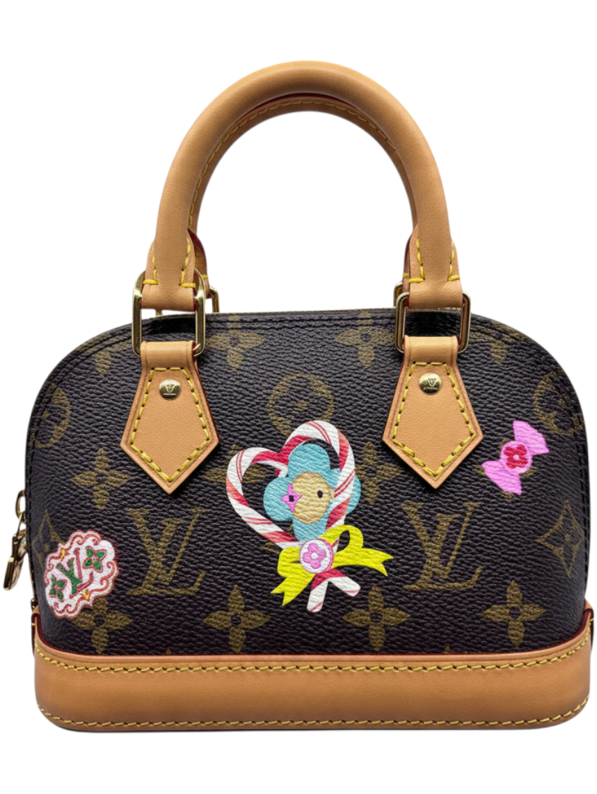 Posh Purse Co Louis Vuitton Nano Alma 2024 Christmas Edition handbag in Monogram canvas with festive holiday motifs.