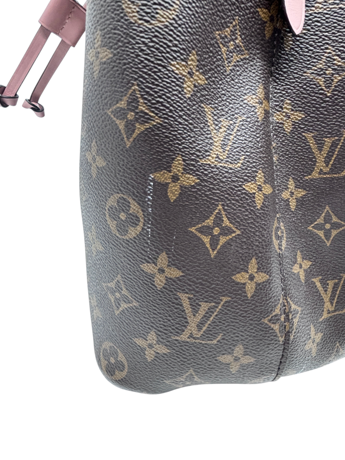 Posh Purse Co Louis Vuitton Monogram NeoNoe MM bucket bag in brown coated canvas with pink leather drawstring detail