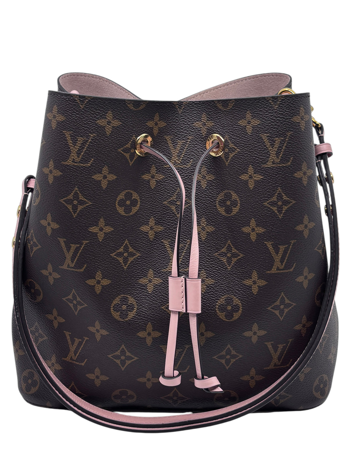 Posh Purse Co Louis Vuitton Monogram Neonoe MM bucket bag in brown canvas with pink leather trim and gold hardware.