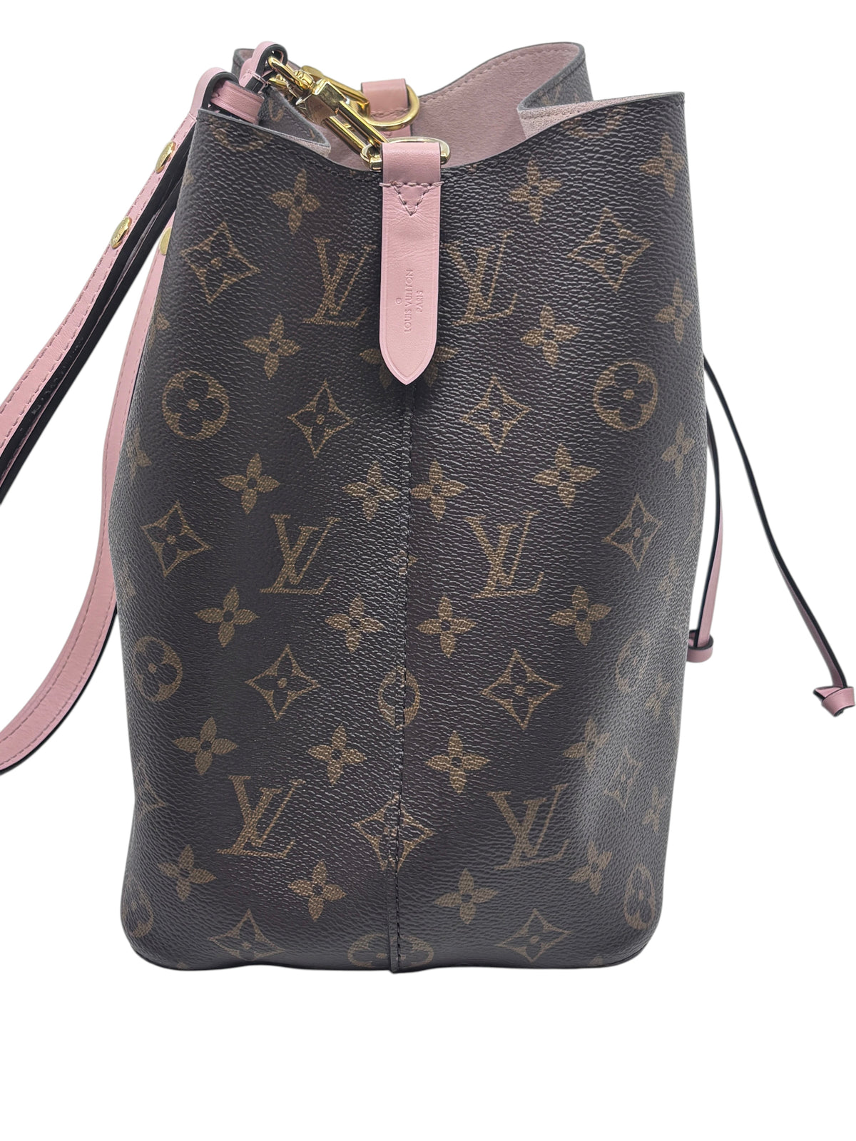 Posh Purse Co Louis Vuitton Monogram NéoNoé MM bucket bag in brown canvas with pink leather trim and gold hardware
