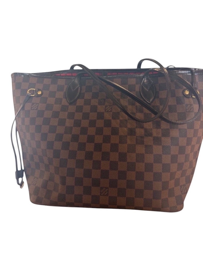 Posh Purse Co Louis Vuitton Damier Ebene Neverfull MM tote bag with brown checkerboard canvas, chocolate leather trim, and red interior.
