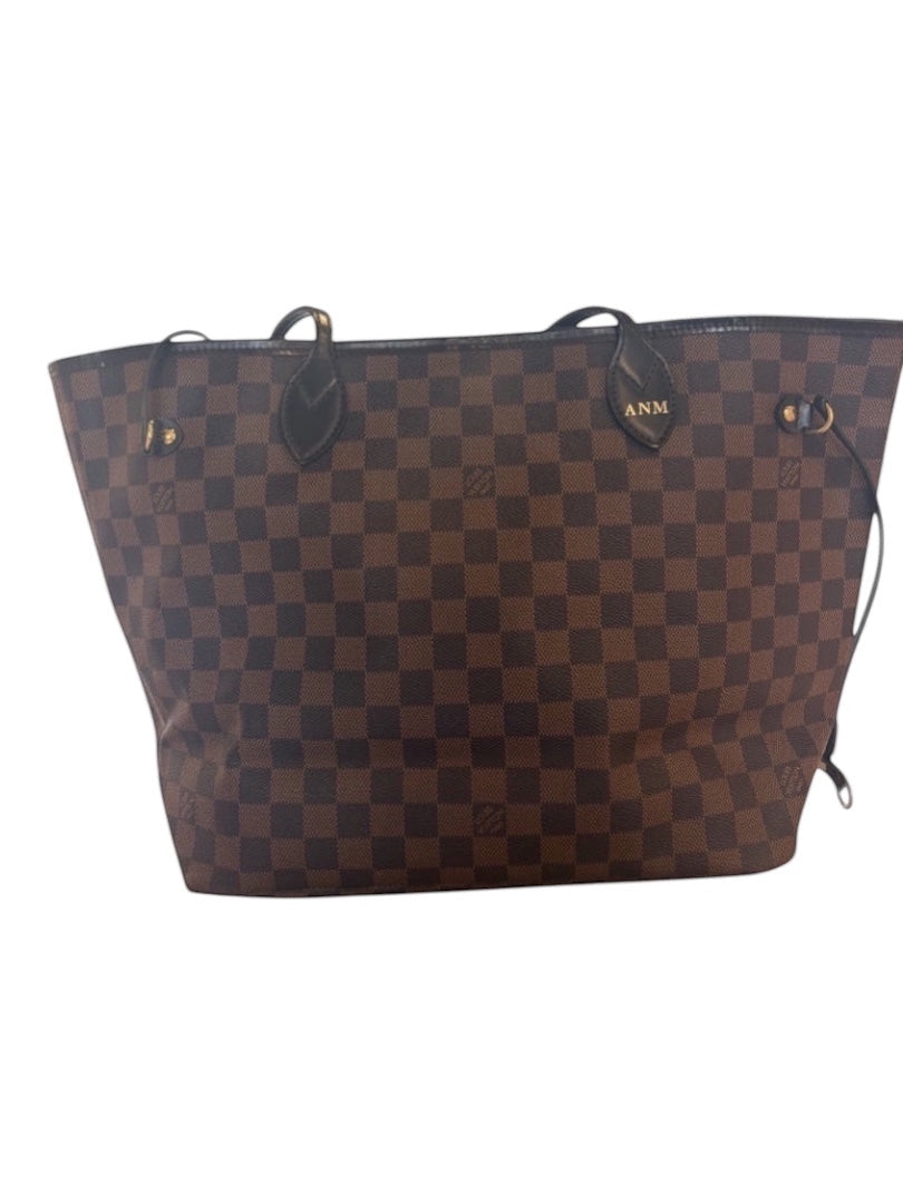 Posh Purse Co Louis Vuitton Damier Ebene Neverfull MM tote bag with brown checkerboard canvas, chocolate leather trim, and gold-tone hardware. Features side cinch cords and monogram initials.