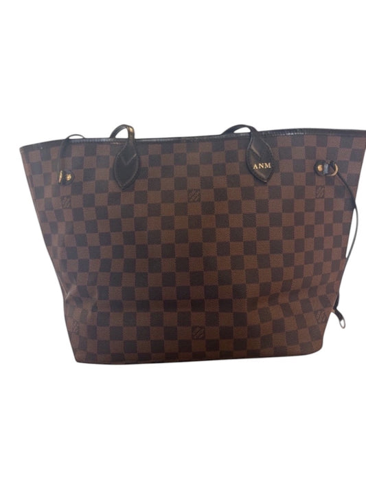 Posh Purse Co Louis Vuitton Damier Ebene Neverfull MM tote bag with brown checkerboard canvas, chocolate leather trim, and gold-tone hardware. Features side cinch cords and monogram initials.