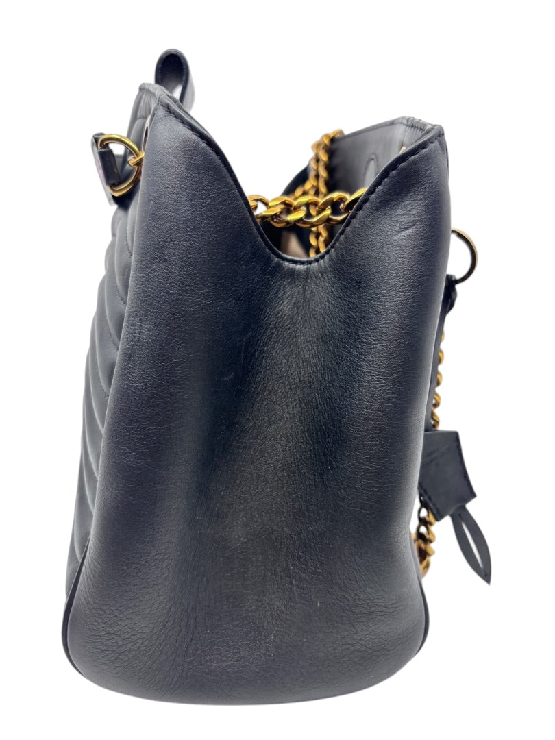 Posh Purse Co black quilted leather Louis Vuitton New Wave chain bag side view with gold hardware