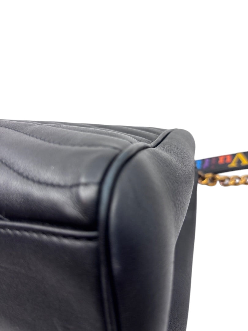 Posh Purse Co black quilted leather Louis Vuitton New Wave chain bag side view showing signature strap detail