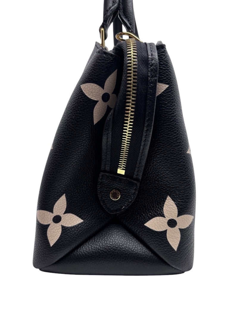Posh Purse Co Louis Vuitton Petit Palais handbag side view featuring black and cream bicolor giant monogram leather