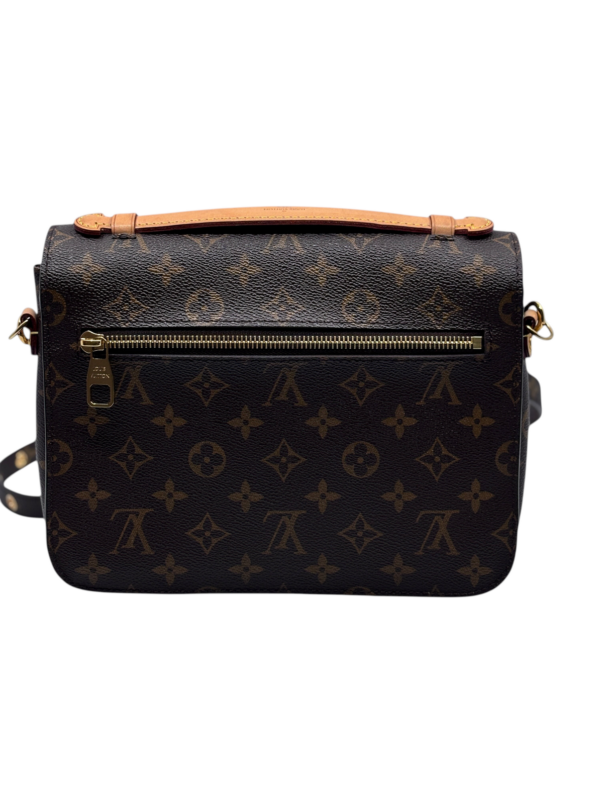 Posh Purse Co pre-owned Louis Vuitton Monogram Pochette Metis handbag showing the back exterior with zipper pocket