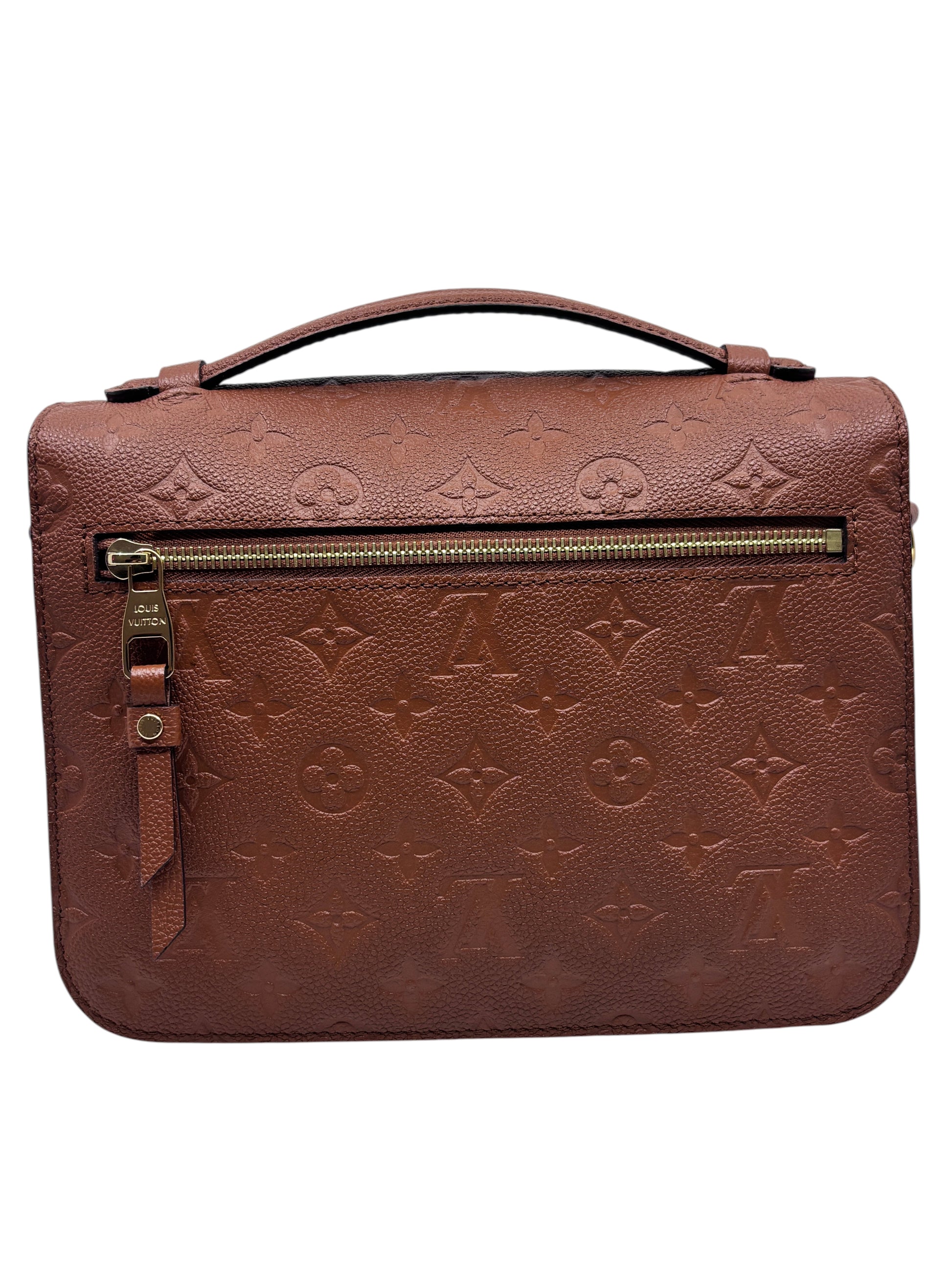 Posh Purse Co. brown Louis Vuitton Pochette Metis handbag in monogram embossed leather with gold-tone zipper detail.