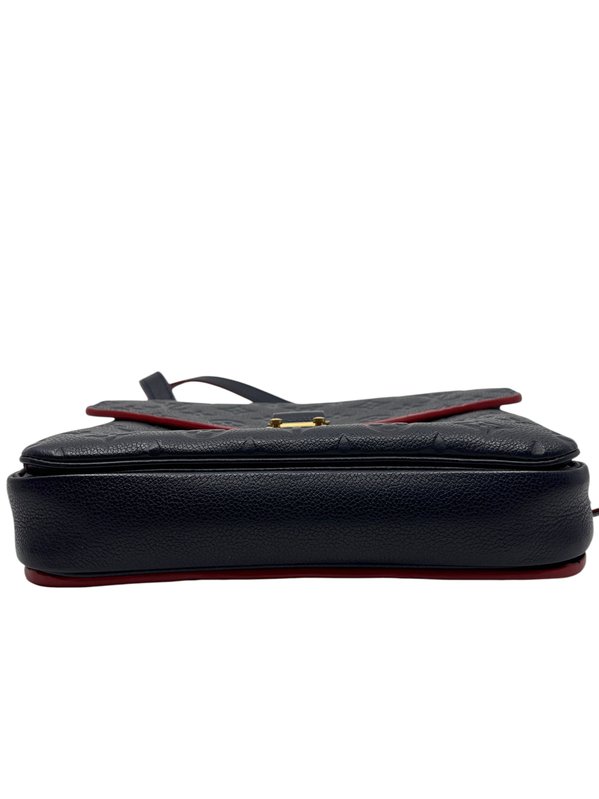 Posh Purse Co. Louis Vuitton Pochette Metis in navy embossed Monogram Empreinte leather with red trim and gold hardware