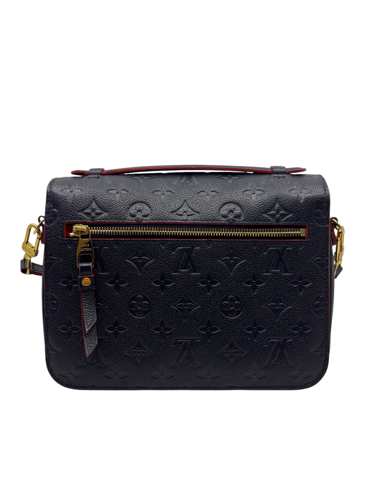 Posh Purse Co. Louis Vuitton Pochette Metis in navy embossed Monogram Empreinte leather with gold-tone zipper detail.