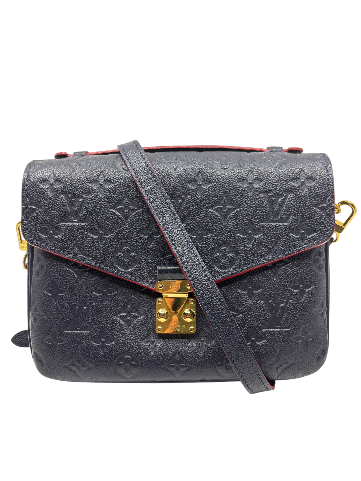 Posh Purse Co. Louis Vuitton Pochette Metis in navy embossed Monogram Empreinte leather with gold-tone S-lock hardware.