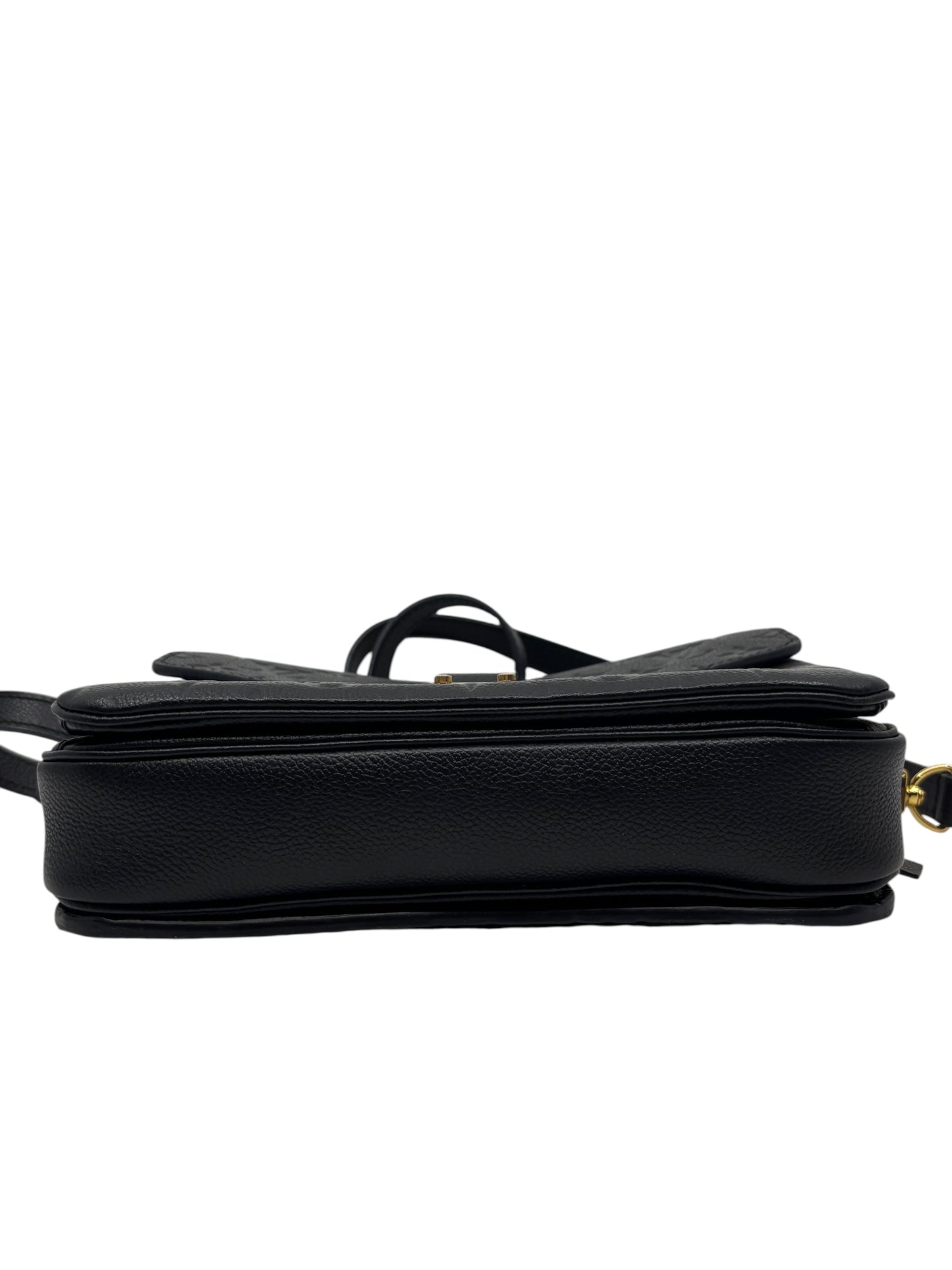 Posh Purse Co. Louis Vuitton Empreinte Pochette Metis black leather handbag side view showing structured base
