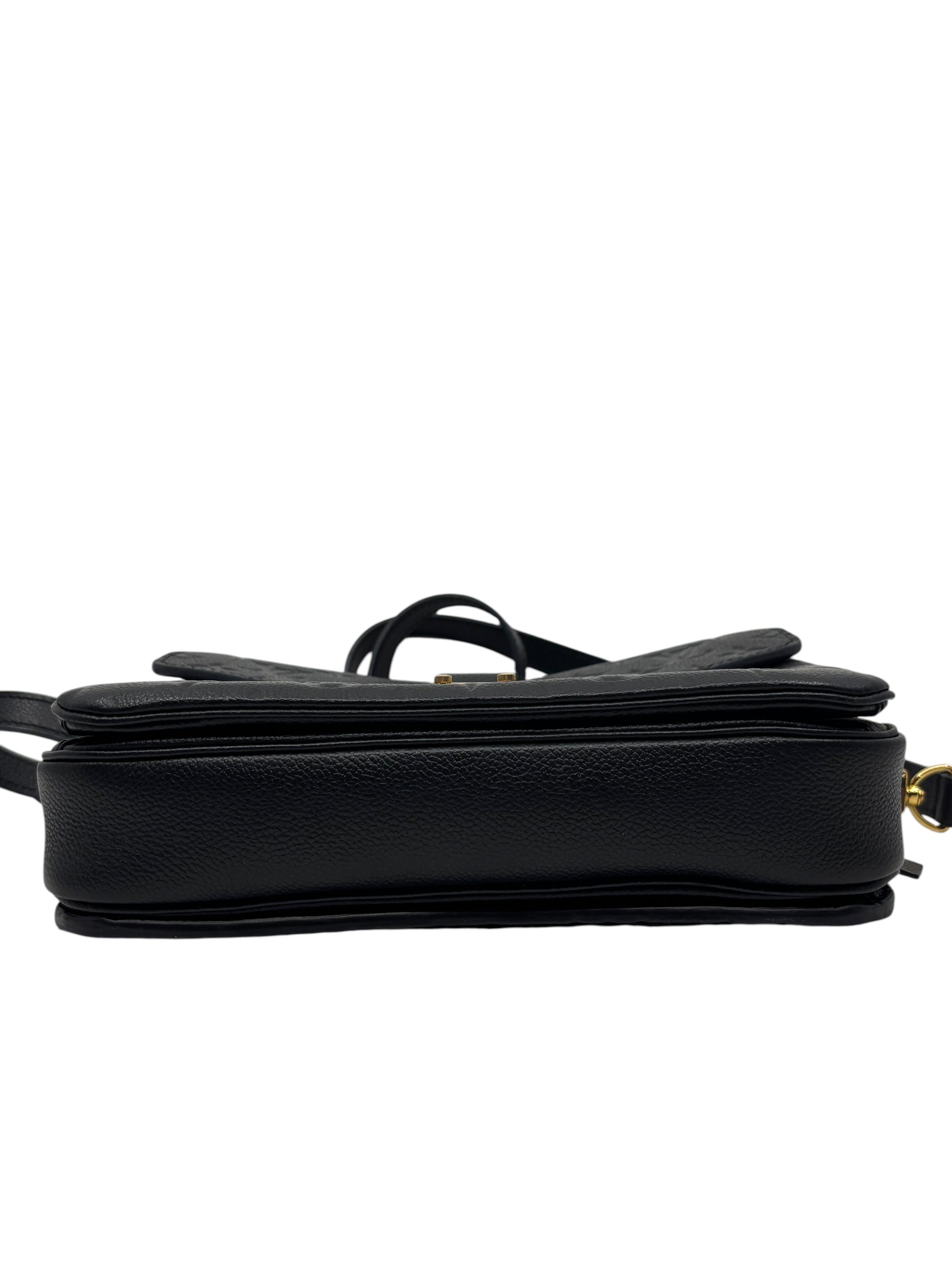 Posh Purse Co. Louis Vuitton Empreinte Pochette Metis black leather handbag side view showing structured base