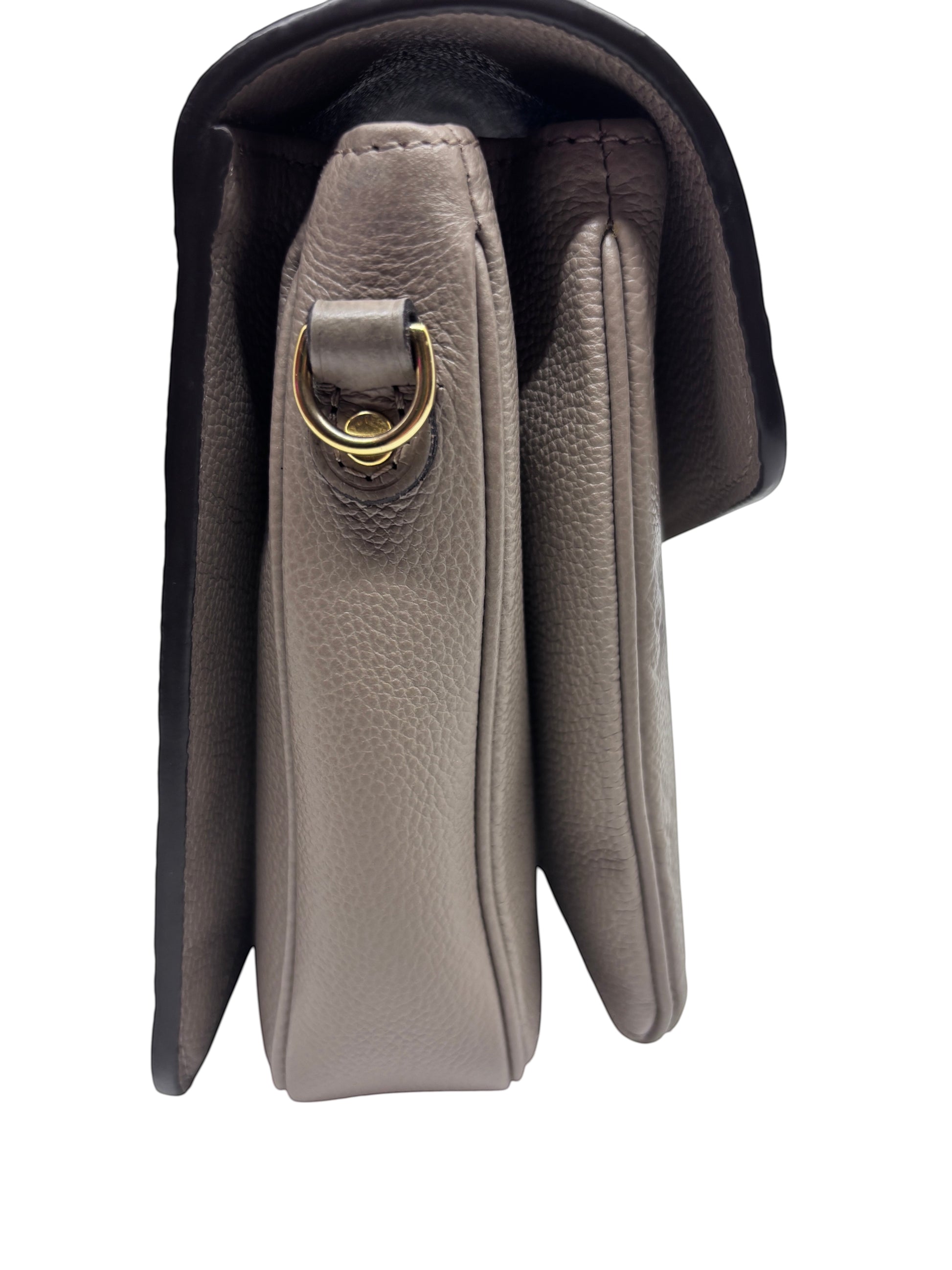 Posh Purse Co Louis Vuitton Pochette Metis in Turtledove beige embossed leather, side view showing gold hardware