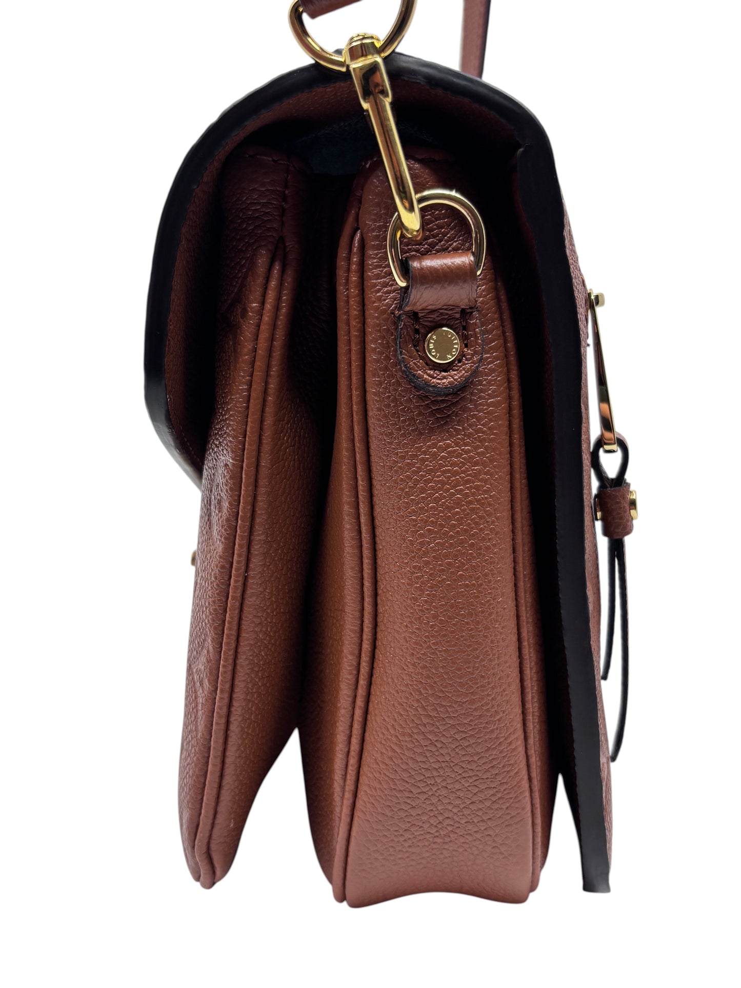 Posh Purse Co. brown Louis Vuitton Pochette Metis side view showing textured leather and gold-tone hardware details.