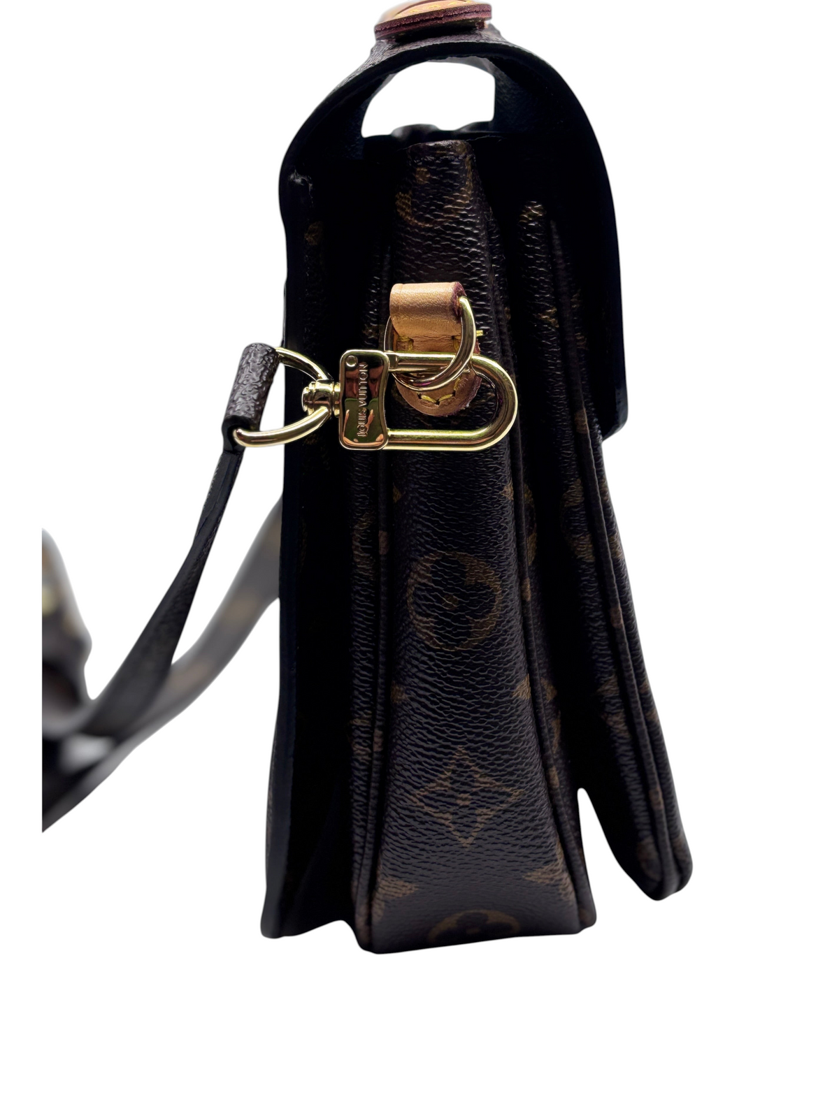 Posh Purse Co Louis Vuitton Monogram Pochette Metis side view showing gold hardware and adjustable strap attachment