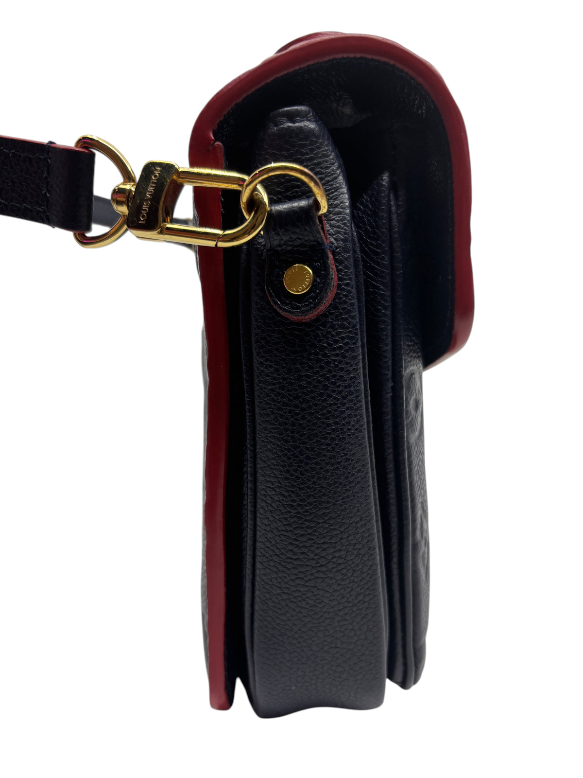 Posh Purse Co. Louis Vuitton Pochette Metis in navy embossed Monogram Empreinte leather with gold hardware side view