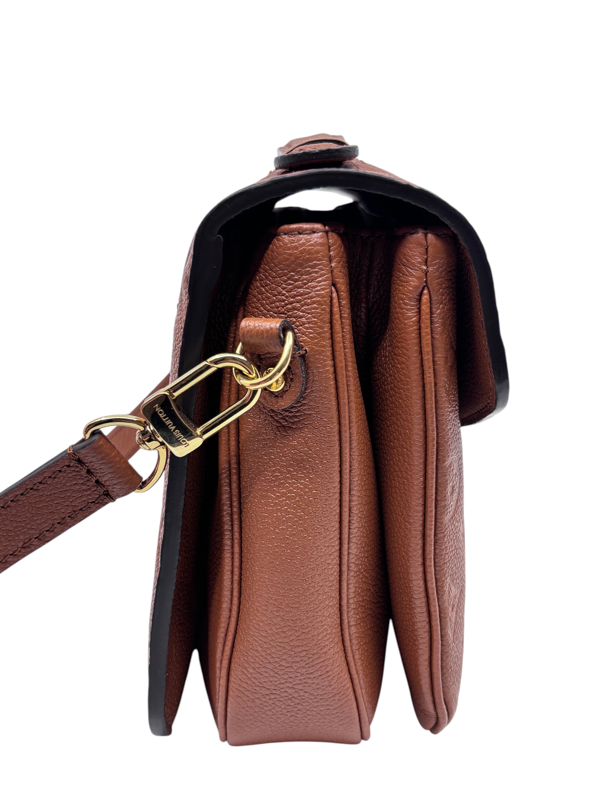 Side view of a brown Louis Vuitton Pochette Metis handbag with gold-tone hardware, sold by Posh Purse Co.