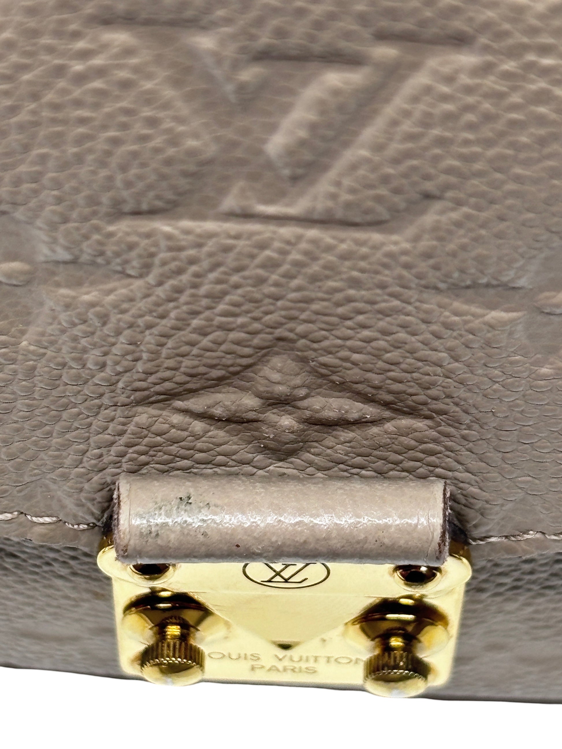 Posh Purse Co Louis Vuitton Pochette Metis in turtledove beige embossed Monogram Empreinte leather with gold S-lock