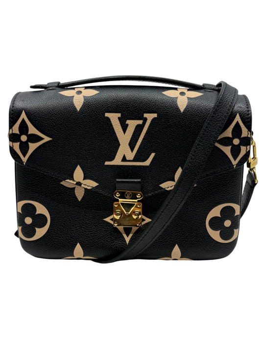 Posh Purse Co. Louis Vuitton Pochette Metis in black and beige embossed leather with gold-tone S-lock hardware.