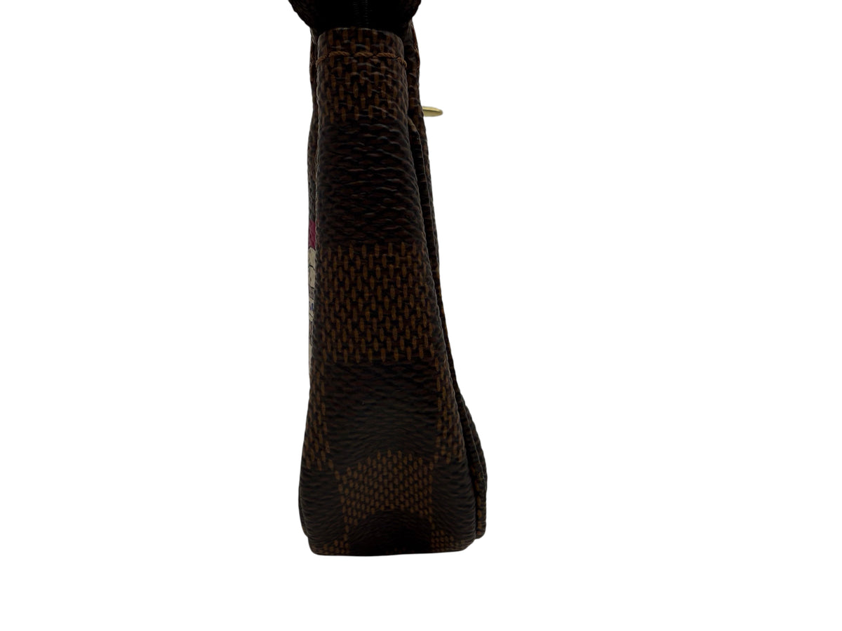 Posh Purse Co. Louis Vuitton 2016 Christmas Animation Mini Pochette side view showing brown Damier Ebene canvas
