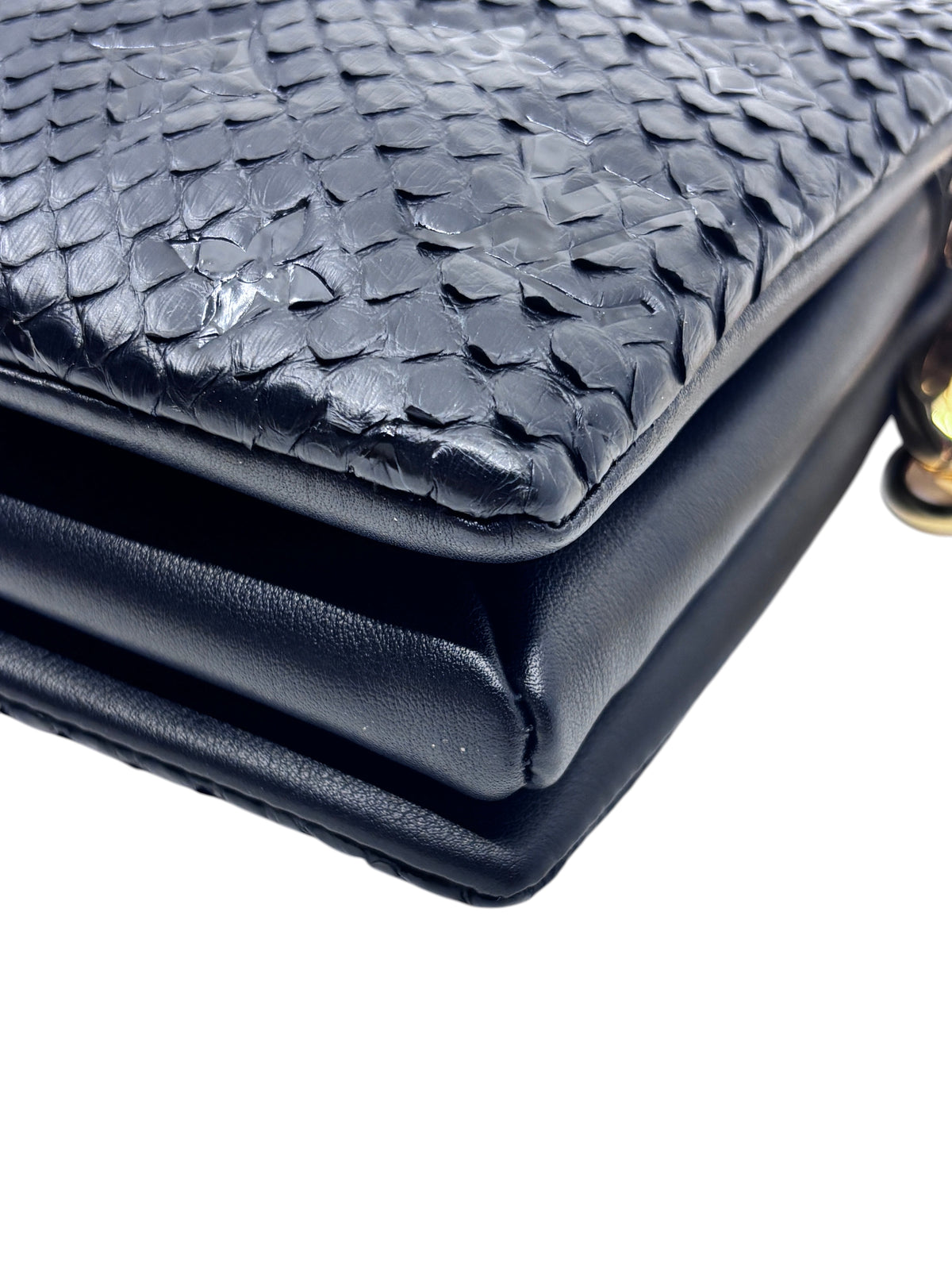 Posh Purse Co black Louis Vuitton Coussin BB handbag featuring exotic python leather texture and smooth leather trim.