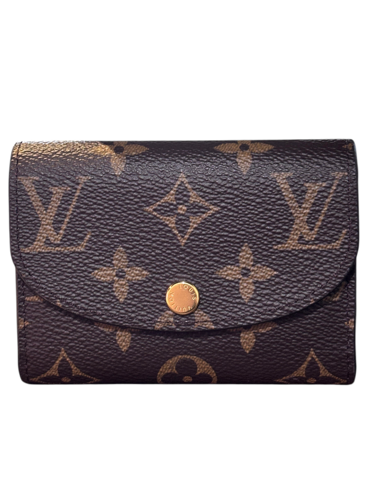 Posh Purse Co. Louis Vuitton Rosalie wallet in brown monogram coated canvas with a gold snap-button flap closure.