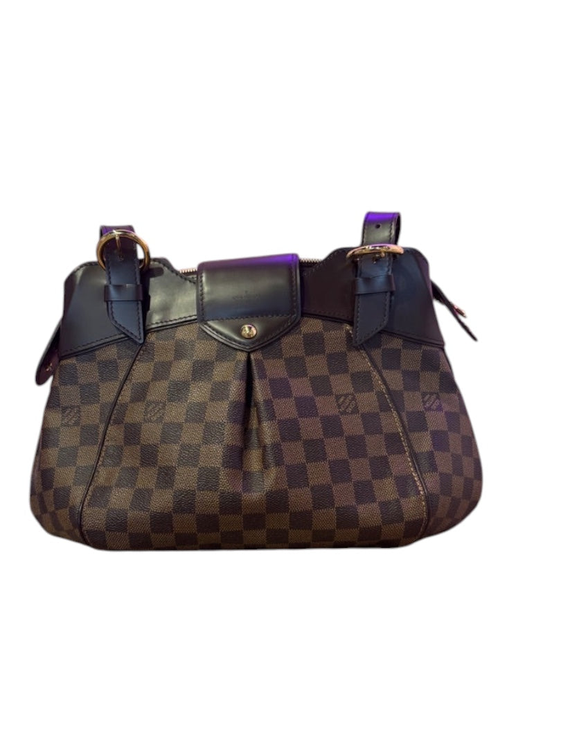 Posh Purse Co. Louis Vuitton Sistina handbag in Damier Ebene canvas with black leather trim and gold hardware.