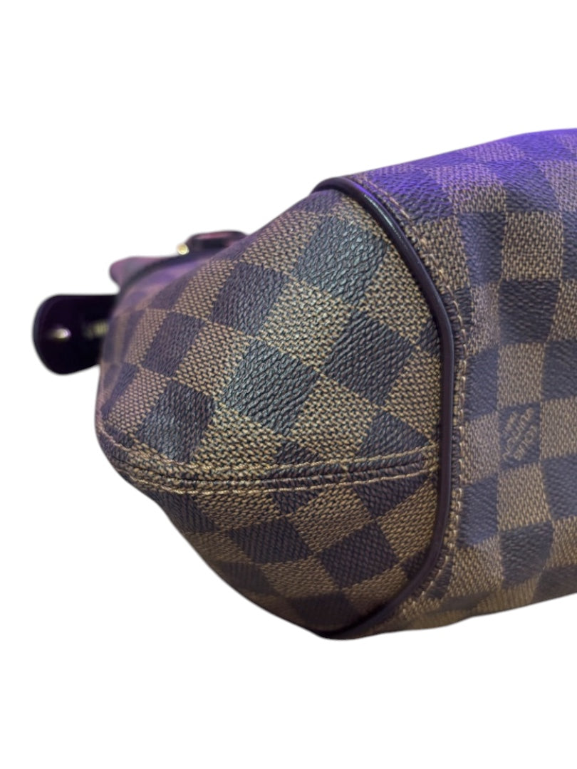 Posh Purse Co. Louis Vuitton Sistina handbag in Damier Ebene canvas with brown leather trim and gold hardware.
