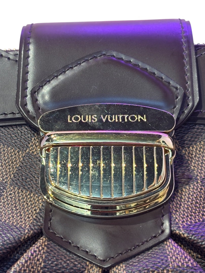 Posh Purse Co. Louis Vuitton Sistina handbag in Damier Ebene canvas with gold hardware and leather trim.