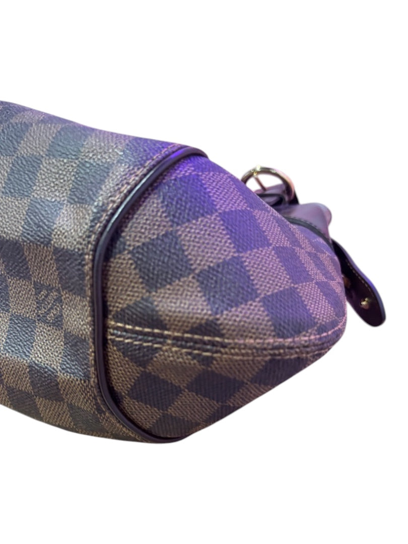 Posh Purse Co. Louis Vuitton Sistina handbag in Damier Ebene canvas with brown leather trim and gold hardware.