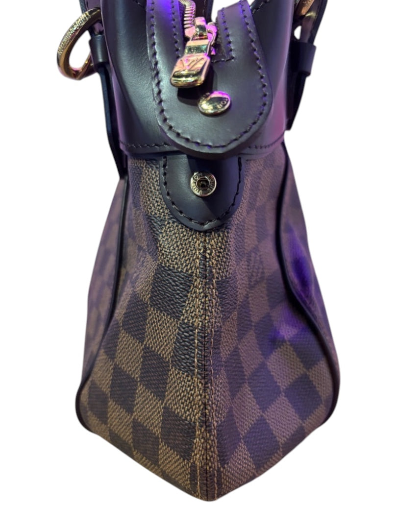Posh Purse Co. Louis Vuitton Sistina Damier Ebene canvas handbag with dark brown leather trim and gold hardware.