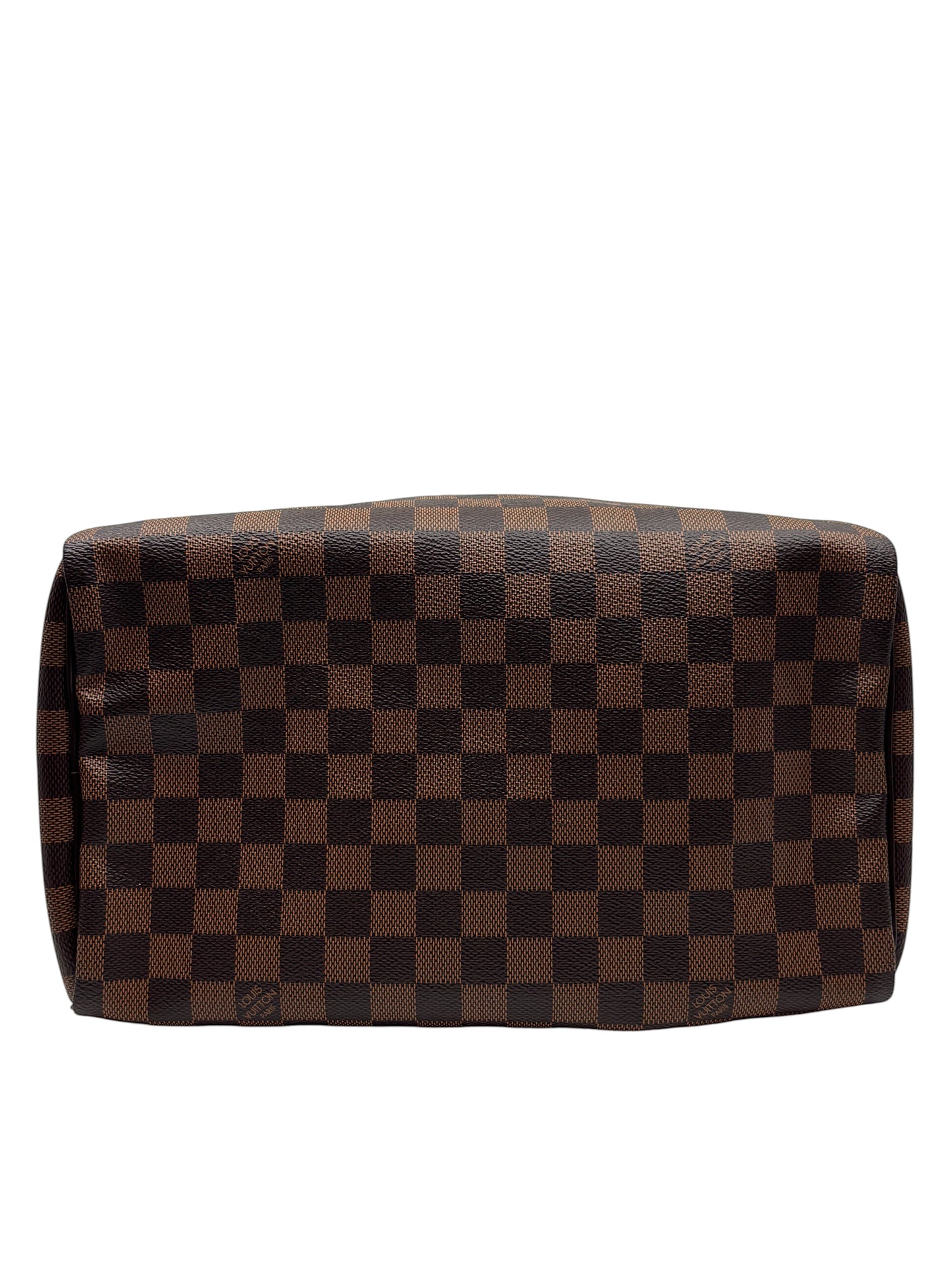Posh Purse Co. Louis Vuitton Speedy 30 handbag in brown Damier Ebene coated canvas, bottom view.