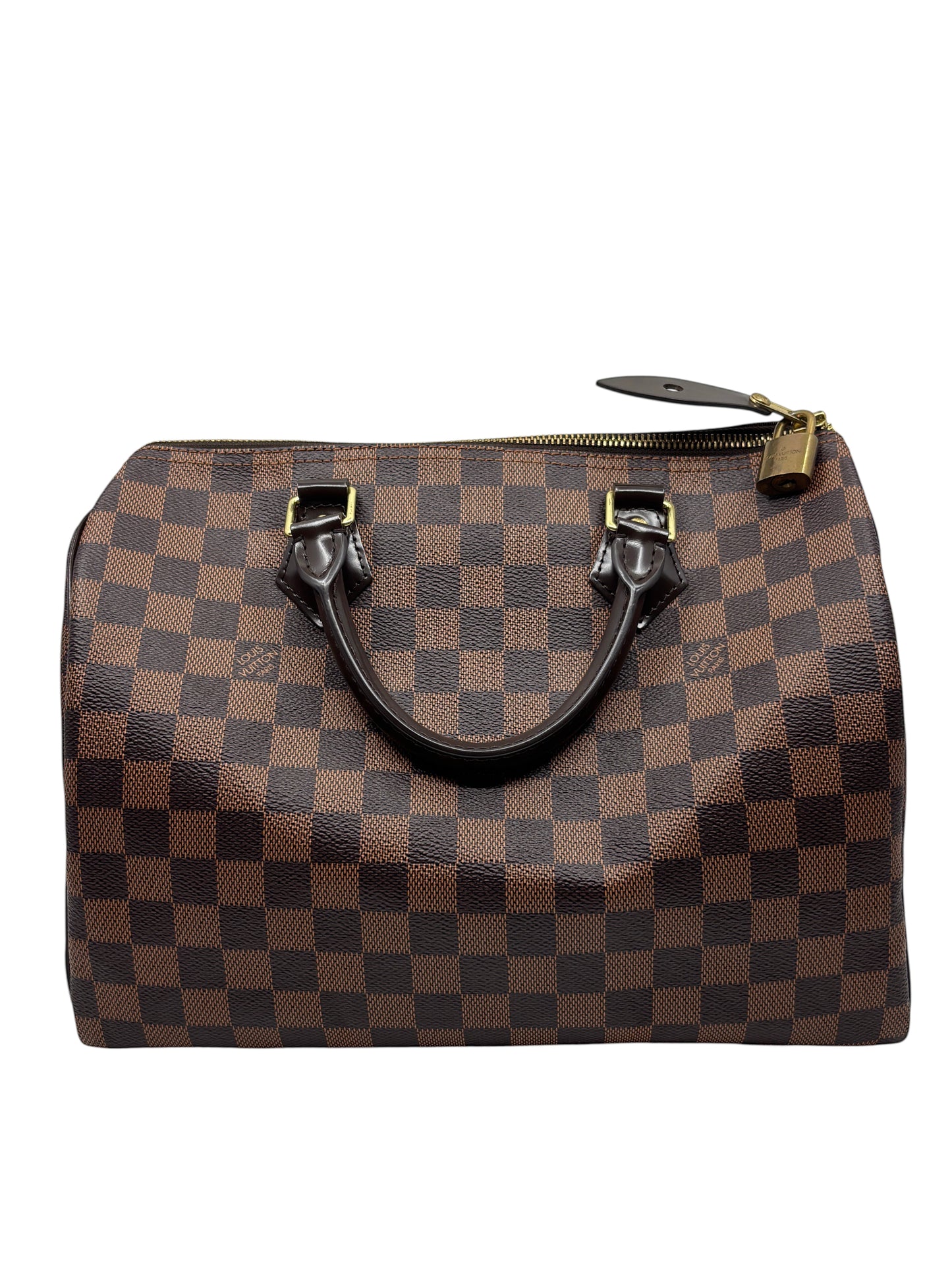 Posh Purse Co. preloved Louis Vuitton Speedy 30 in brown Damier Ebene coated canvas with gold-tone hardware.
