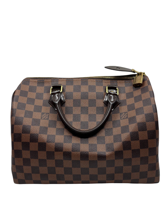 Posh Purse Co. preloved Louis Vuitton Speedy 30 in brown Damier Ebene coated canvas with gold-tone hardware.