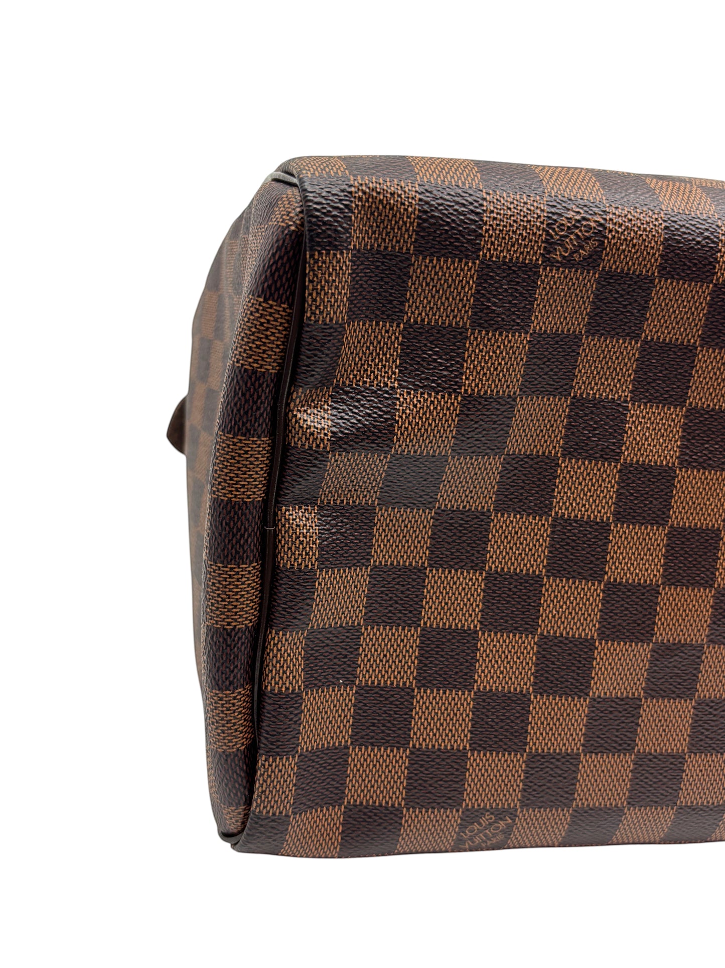 Posh Purse Co. Louis Vuitton Speedy 30 handbag in brown Damier Ebene coated canvas with iconic checkerboard pattern.