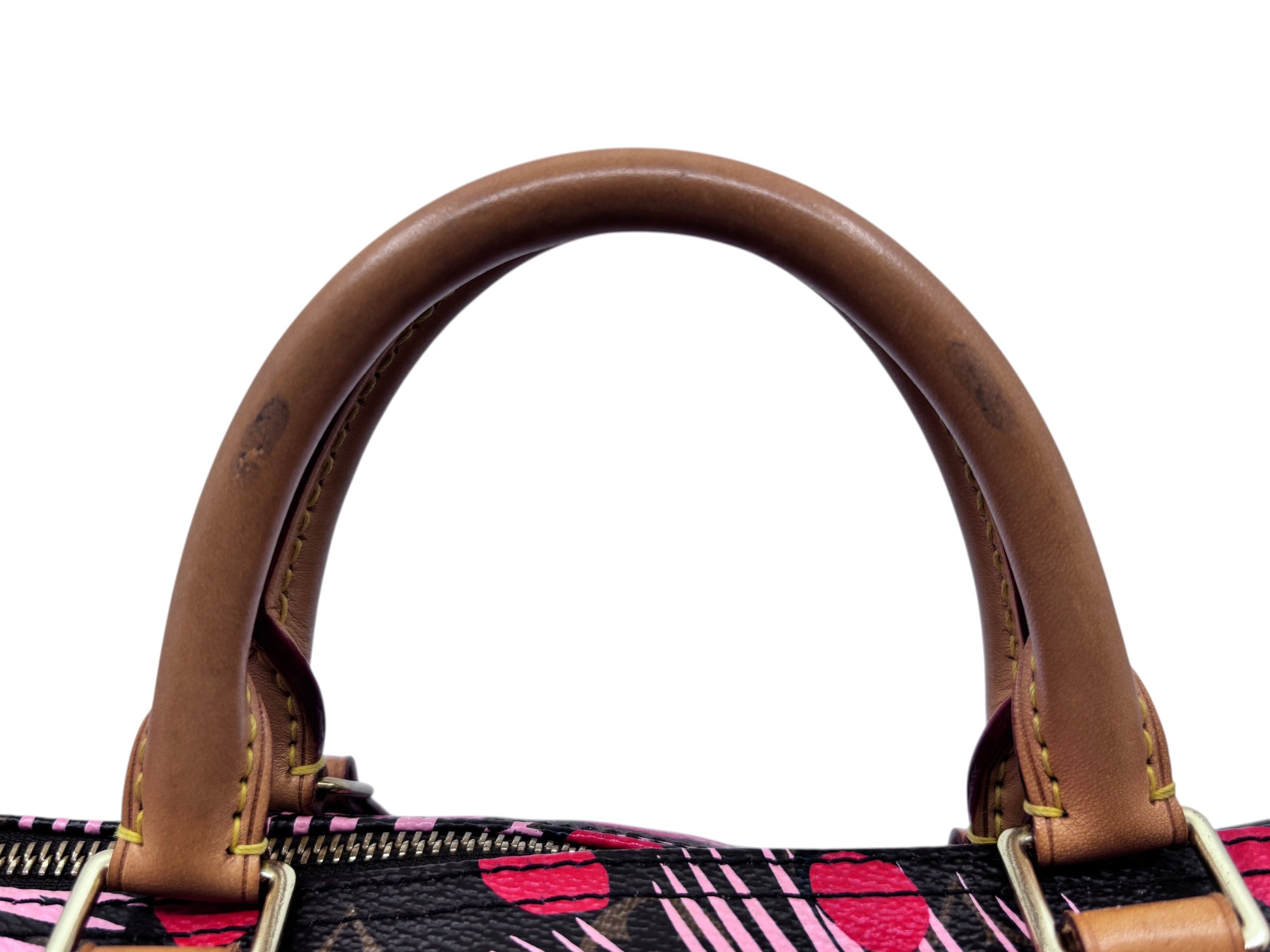 Posh Purse Co Louis Vuitton Speedy 30 Jungle Dots bag featuring natural Vachetta leather handles and gold hardware