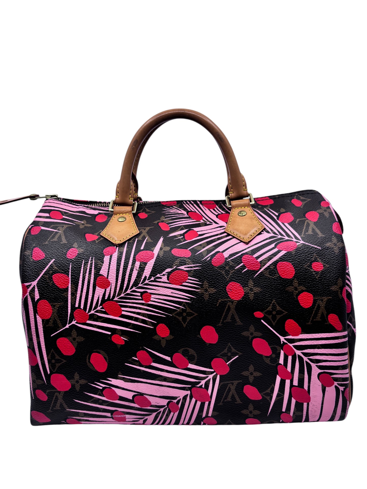Posh Purse Co Louis Vuitton Speedy 30 Jungle Dots bag in monogram canvas with pink palm print and vachetta handles