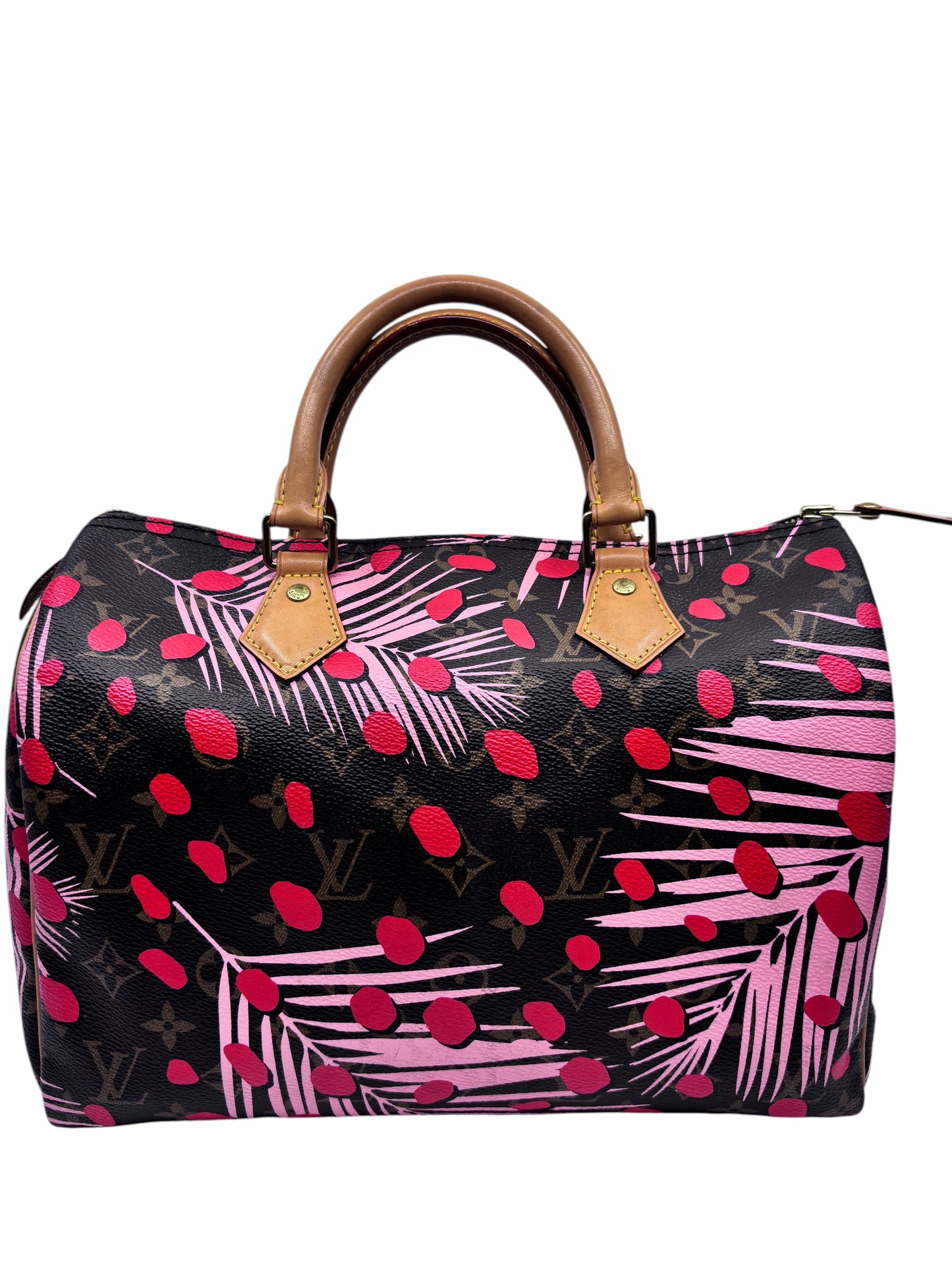 Posh Purse Co Louis Vuitton Speedy 30 Jungle Dots bag in monogram canvas with pink and poppy palm print and leather handles