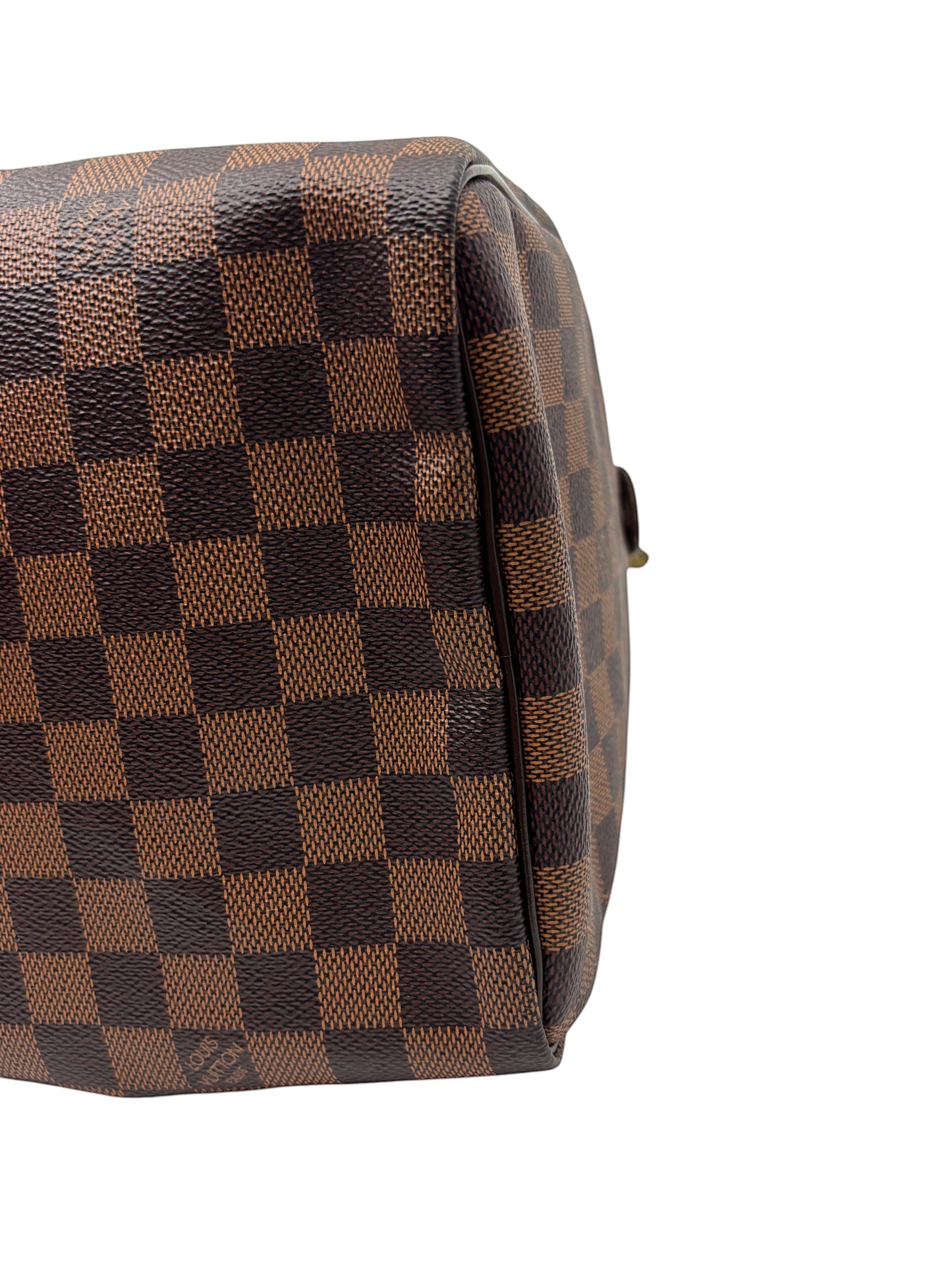 Posh Purse Co. Louis Vuitton Speedy 30 handbag in brown Damier Ebene coated canvas, side view.