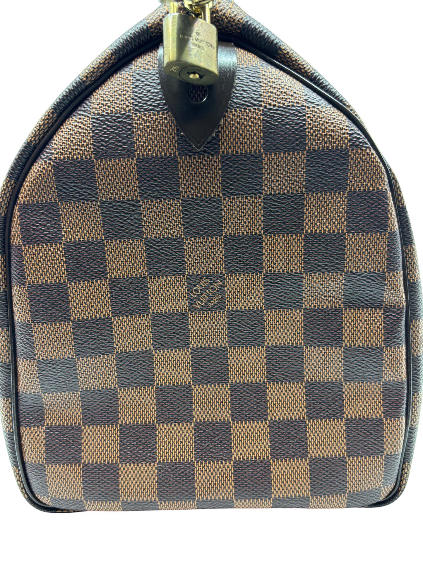 Posh Purse Co. Louis Vuitton Damier Ebene Speedy 30 handbag side view with gold-tone padlock detail
