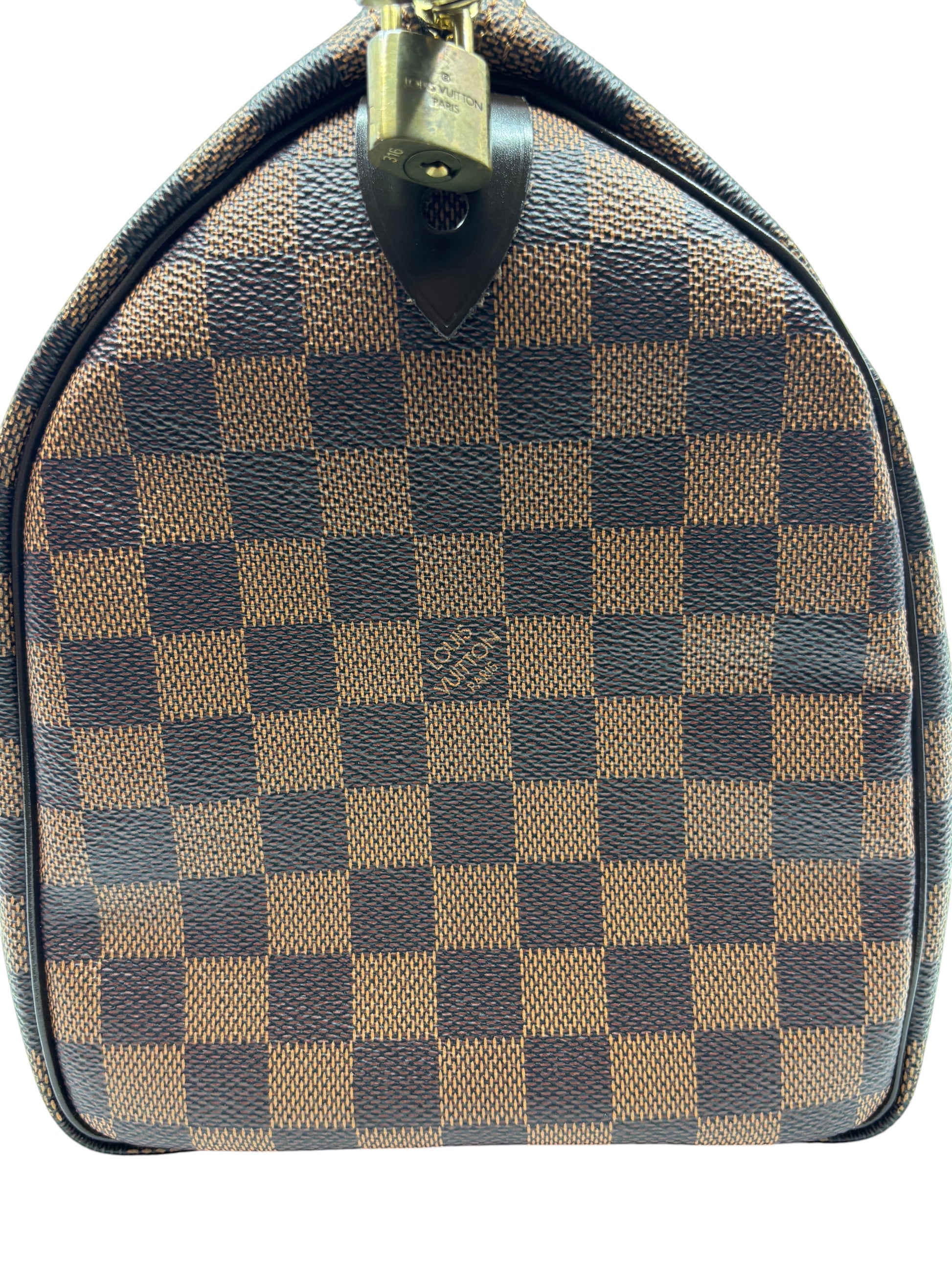 Posh Purse Co. Louis Vuitton Damier Ebene Speedy 30 handbag side view with gold-tone padlock detail