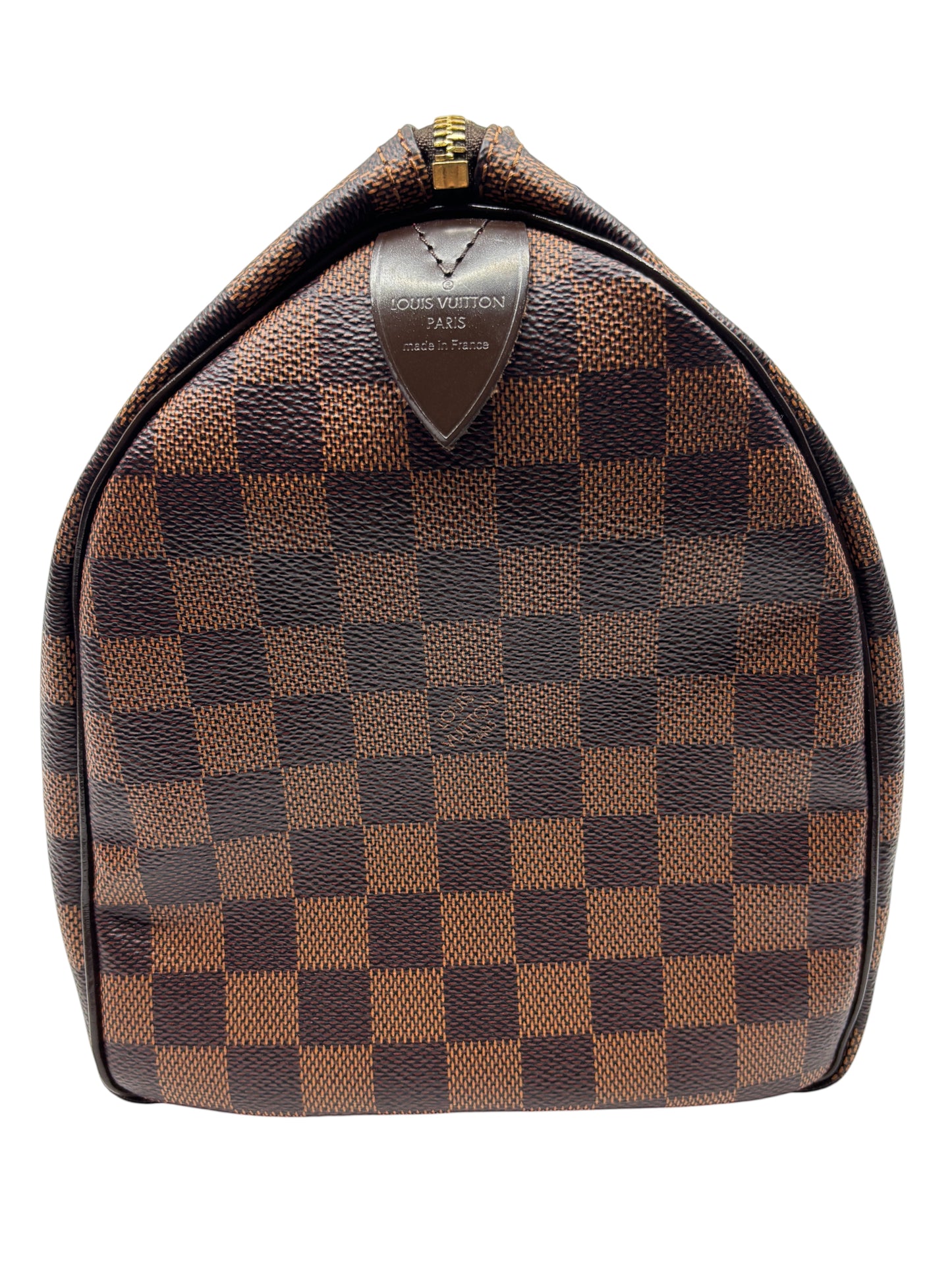 Posh Purse Co. Louis Vuitton Speedy 30 in brown Damier Ebene coated canvas with gold-tone hardware side profile