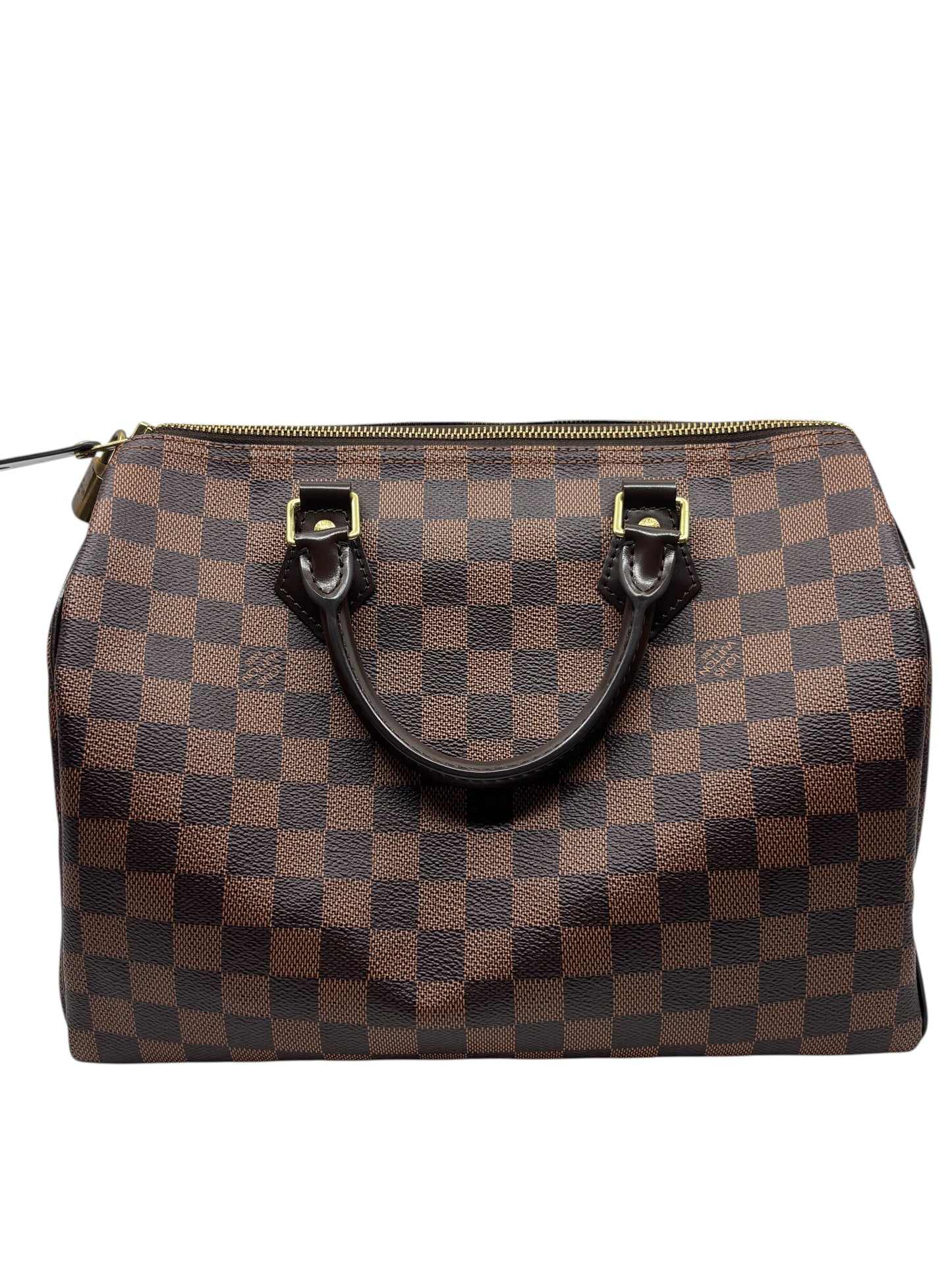 Posh Purse Co. Louis Vuitton Speedy 30 handbag in brown Damier Ebene coated canvas with gold-tone hardware.
