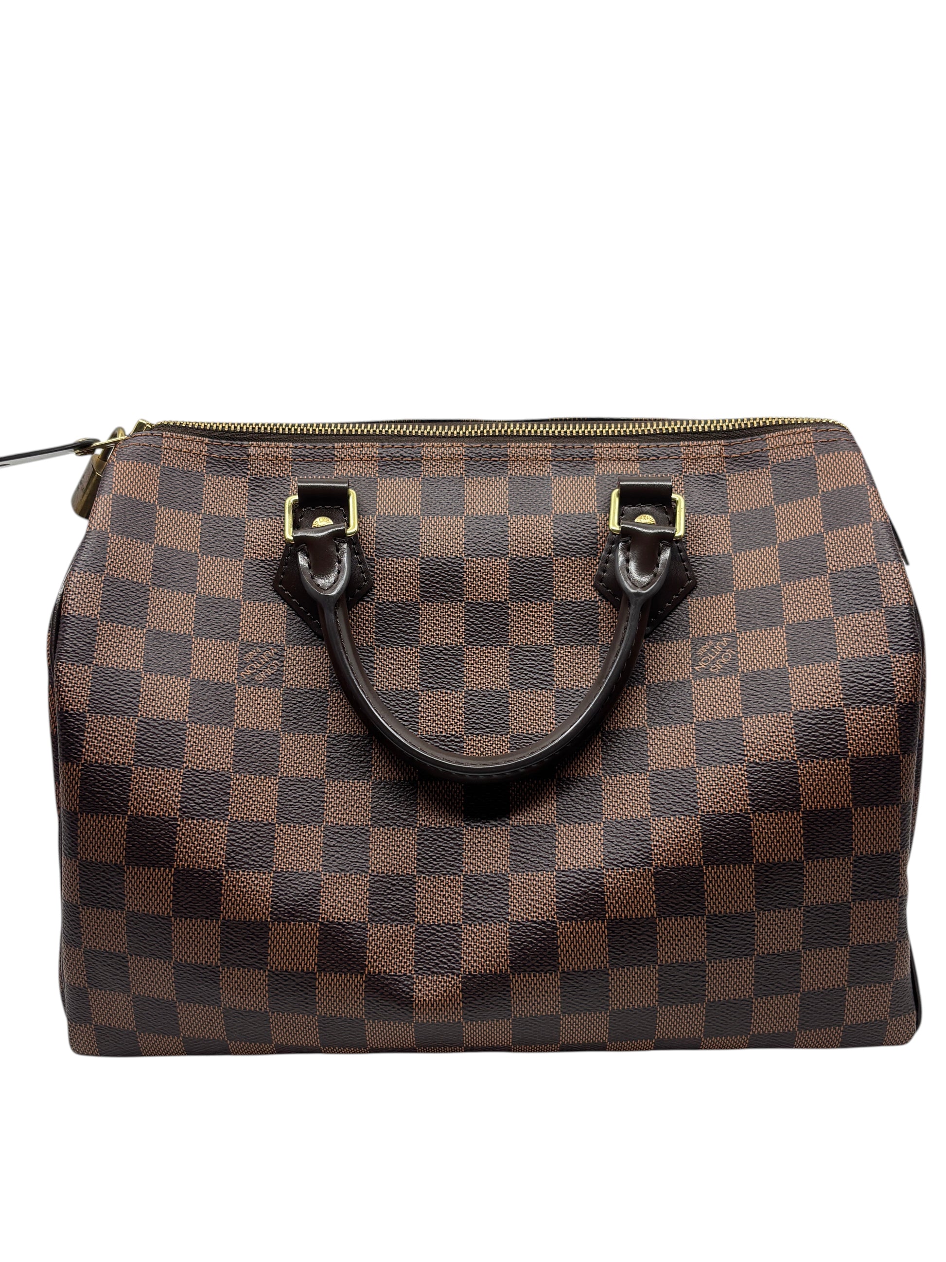 Posh Purse Co. Louis Vuitton Speedy 30 handbag in brown Damier Ebene coated canvas with gold-tone hardware.